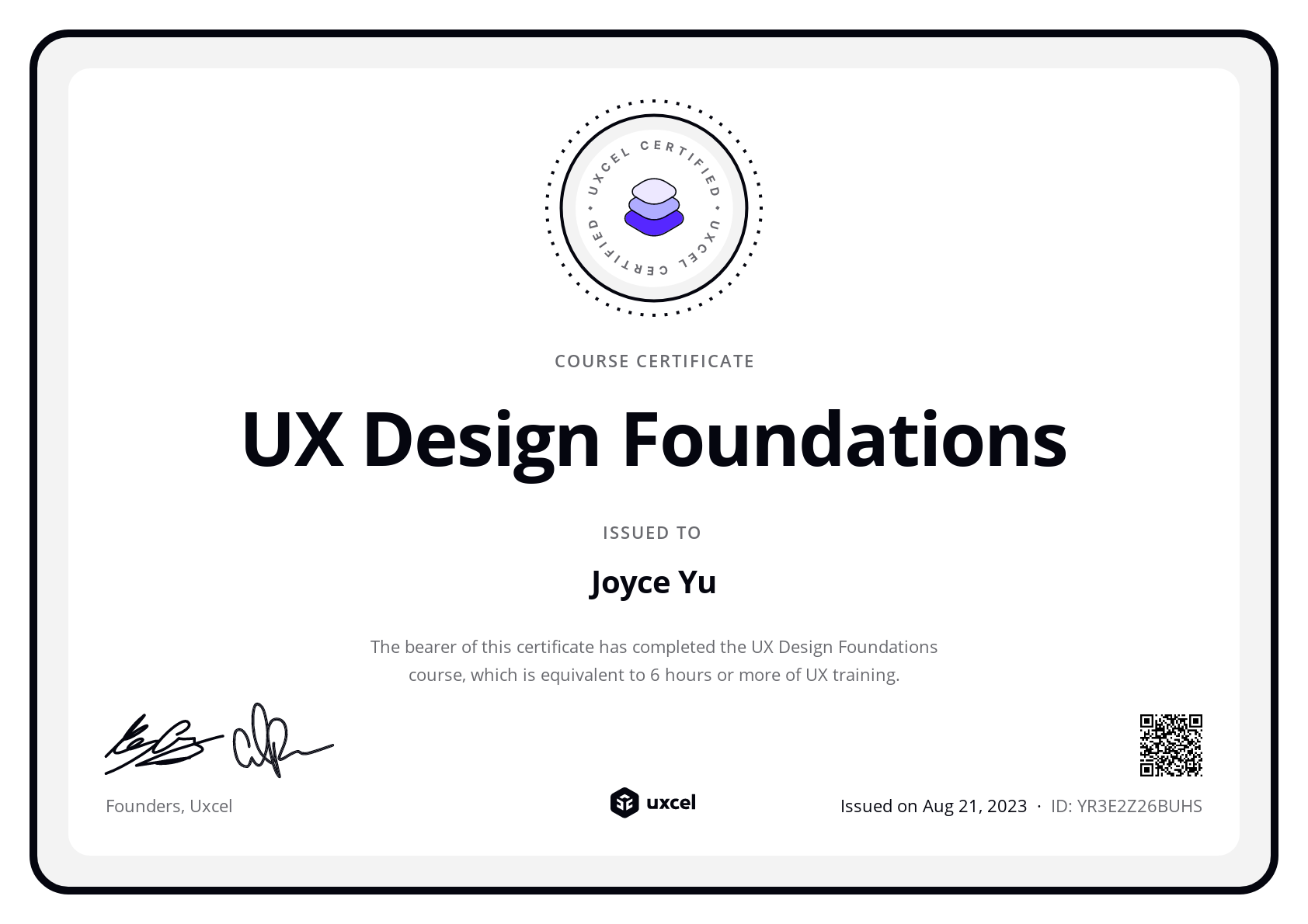 Joyce Yu's certificate